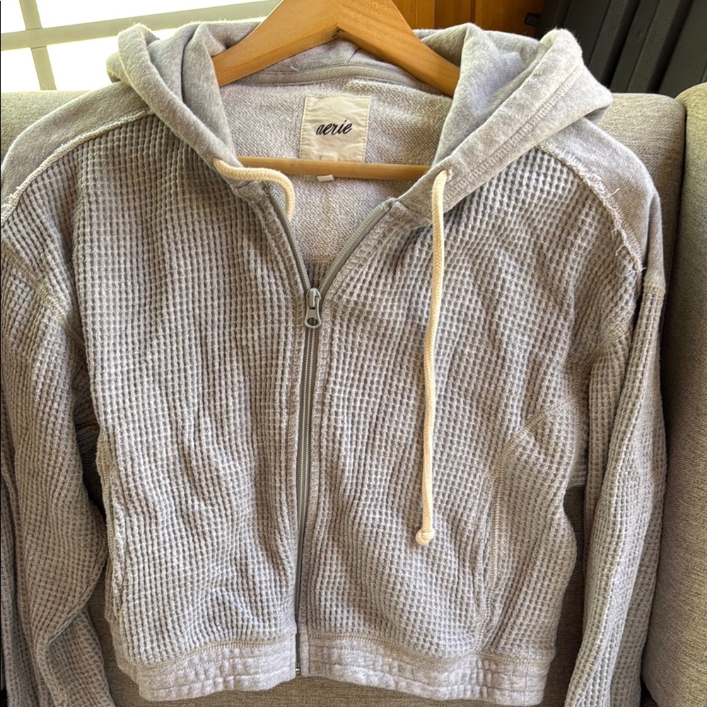 Aerie Light Gray Waffle Knit Zip Hoodie